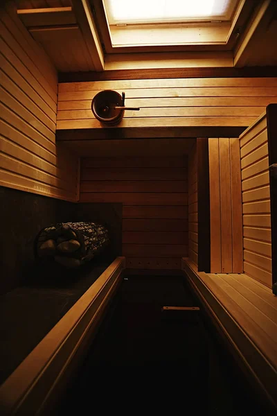 Sauna Dřevěné Vnitřní Lázně Dřevěné Lavice Lehátka Příslušenství Pro Sauny — Stock fotografie