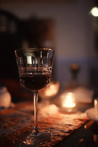 Red Wine Glass Serving Romantic Dinner Interior Restaurant Table Served — Stock Photo, Image