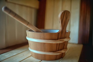 Sauna aksesuarları. Spa kavramı, sauna rahatlama, sıcak sauna aksesuarları, buhar, kova, ısı