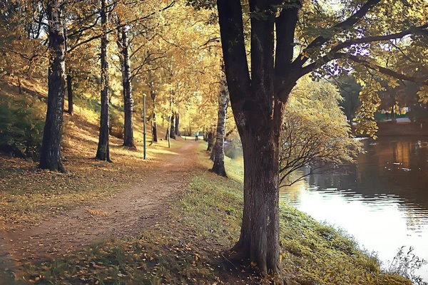 Paisagem Incrível Outono Com Árvores Amarelas Lago Parque — Fotografia de Stock