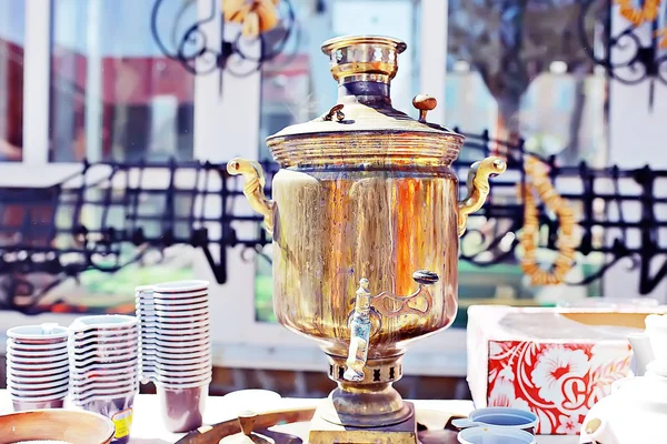 Russian tea samovar, concept of traditional Russian culture object