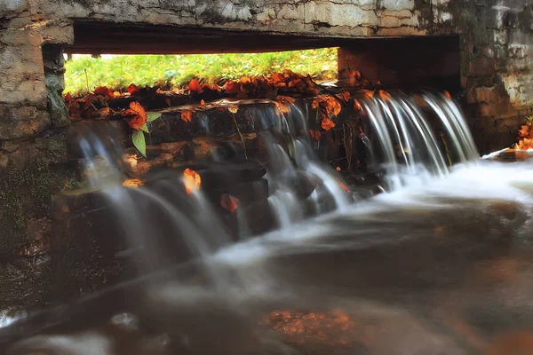 Pequena Cascata Com Água Fria Clara Parque Outono — Fotografia de Stock