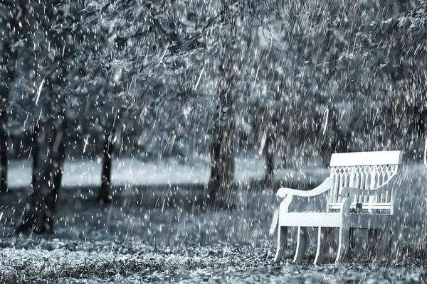 秋の雨背景 秋の雨の下で公園のベンチ 悪天候では黄色の 月公園 人なしの秋の風景の中を歩く — ストック写真