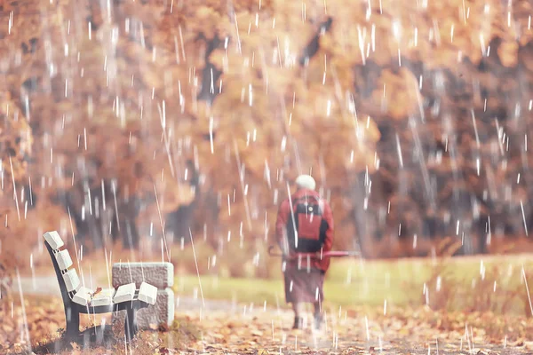Фон Осеннего Дождя Скамейка Парке Осенним Дождем Прогулка Холодную Погоду — стоковое фото