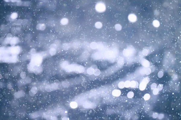 City Lights Snow Blurred Cityscape Snowy Winter Weather Seasonal Background — Stock Photo, Image