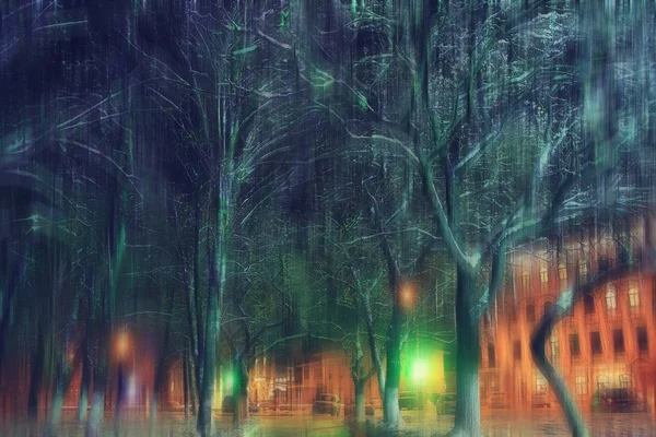 Éjszakai Város Télen Vidéken Januárban Díszített Fények Fák Városi Parkban — Stock Fotó