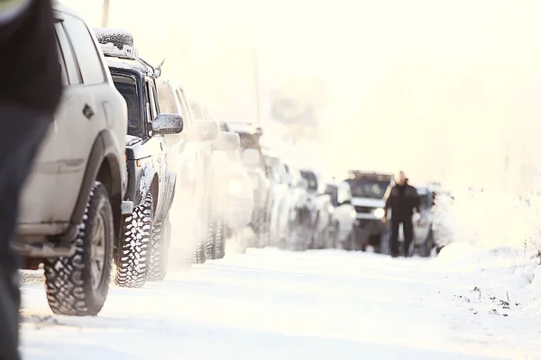 Bilar Vintern Vägtrafik Jam Stad Vinter Väder Stadens Motorväg Utsikten — Stockfoto