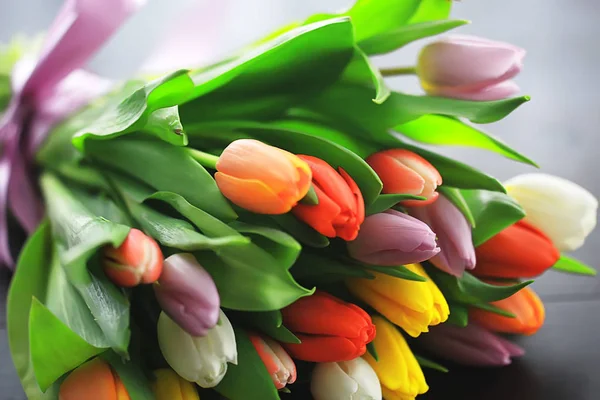 Strauß Bunter Tulpen Frühlingsblumen Leuchtend Schöne Blumen Frühlingsgeschenk Konzept — Stockfoto