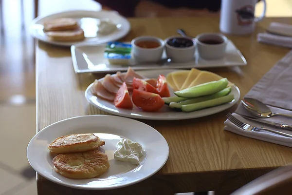 Desayuno Una Cafetería Comida Fondo Mañana Desayuno Fresco Una Cafetería —  Fotos de Stock