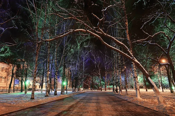 Natt Staden Vinter Landskap Januari Stadens Ljus Dekorerade För Helgdagar — Stockfoto