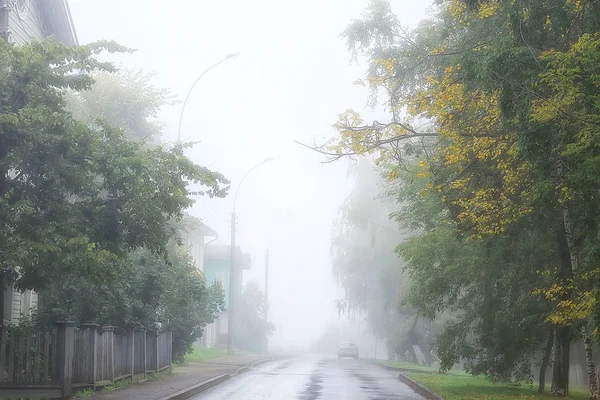 Осеннее Пейзажное Утро Тумане Аллее Городском Парке Туманный Пейзаж Городе — стоковое фото