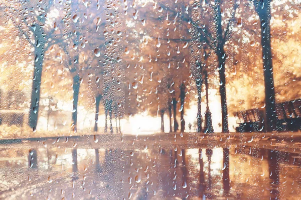 背景湿玻璃下落秋天在公园 风景风景在秋天公园从一个湿窗口 雨天的概念在秋天天 — 图库照片