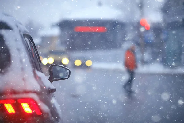 Autók Téli Közúti Közlekedési Jam City Téli Időjárás Város Autópályán — Stock Fotó