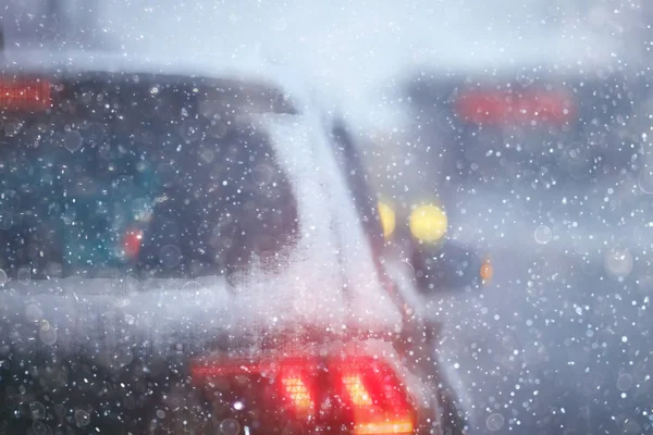 Autók Téli Közúti Közlekedési Jam City Téli Időjárás Város Autópályán — Stock Fotó