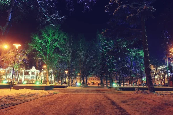 Noche Ciudad Invierno Paisaje Enero Ciudad Luces Decoradas Para Vacaciones — Foto de Stock