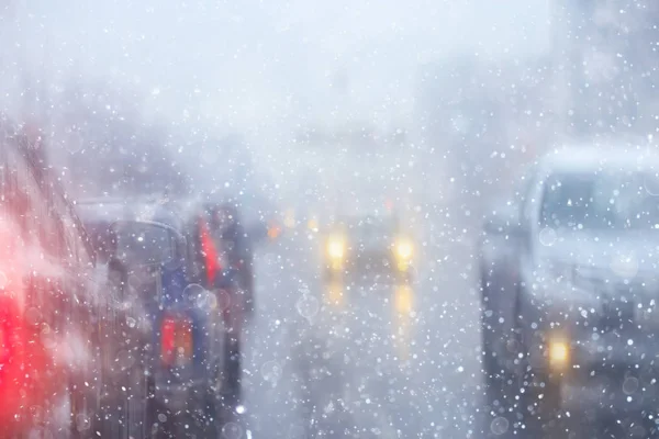 Samochody Zimowe Korki Drogowe Miasto Zima Pogoda Autostradzie Miasta Widok — Zdjęcie stockowe