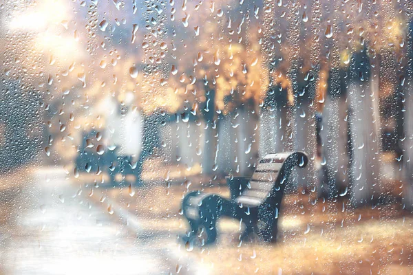 Fond Verre Mouillé Gouttes Automne Dans Parc Vue Sur Paysage — Photo