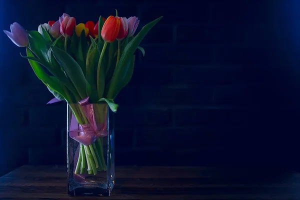 Csokor Színes Tulipán Tavaszi Virágok Fényes Szép Virágok Tavaszi Ajándék — Stock Fotó