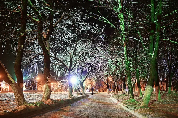 Notte Città Inverno Paesaggio Nel Mese Gennaio Città Luci Decorate — Foto Stock