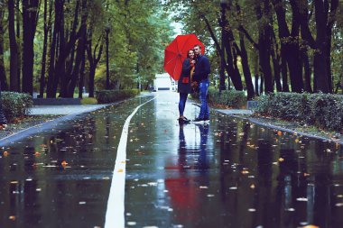 Sonbahar parkında yağmur/genç 25 yaşında çift adam ve kadın ıslak yağmurlu havalarda bir şemsiye altında yürümek, Ekim severler yürümek