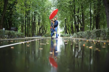 bir şemsiye altında iki kişi/bir erkek ve bir kadın bir şemsiye ile bir parkta yürüyüş, yağmur sonbaharda yürüyüş, bir sonbahar şemsiyesi