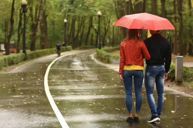 Sonbahar parkında yağmur/genç 25 yaşında çift adam ve kadın ıslak yağmurlu havalarda bir şemsiye altında yürümek, Ekim severler yürümek