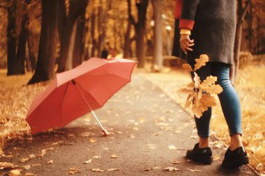 Yaprak Sonbahar Sonbahar/Park, konsept sonbahar melankolik Mood yürüyüş tek bir kız elinde sarı yaprakları düşmüş