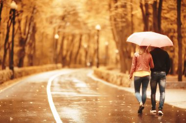 Sonbahar parkında güneş ışınları, aşık bir çift/genç adam ve kadın yürüyüş, güneşli parkın sonbahar görünümü, güneşin ışınları, sıcak sonbahar arka plan