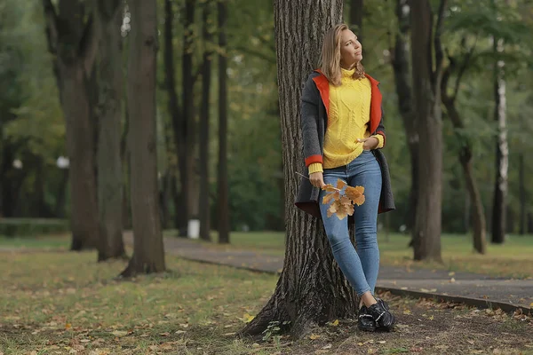 Осенний Вид Одна Девушка Гуляет Парке Желтые Листья Осенний Парк — стоковое фото