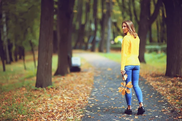 Vista Autunnale Una Ragazza Cammina Nel Parco Foglie Gialle Parco — Foto Stock