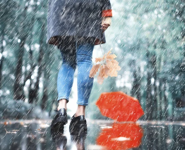 Regen Herfst Park Jonge Jaar Oud Paar Man Vrouw Lopen — Stockfoto