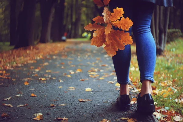 落ち葉が園内を歩く独身女の子の手に 秋の憂鬱な気分をコンセプトに — ストック写真