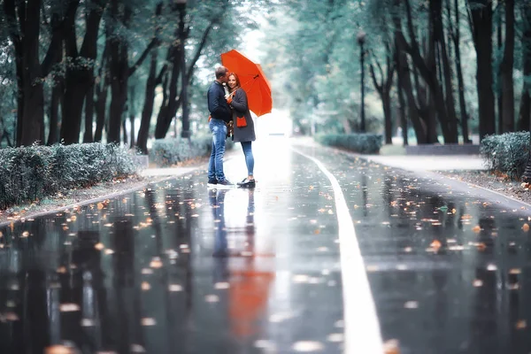 Two People Umbrella Man Woman Walking Park Umbrella Walking Fall — Stock Photo, Image