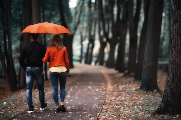 两个人在伞下 一男一女拿着伞走在公园里 在雨中走在雨中 一把秋伞 — 图库照片