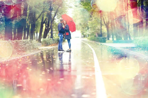 bir şemsiye altında iki kişi/bir erkek ve bir kadın bir şemsiye ile bir parkta yürüyüş, yağmur sonbaharda yürüyüş, bir sonbahar şemsiyesi