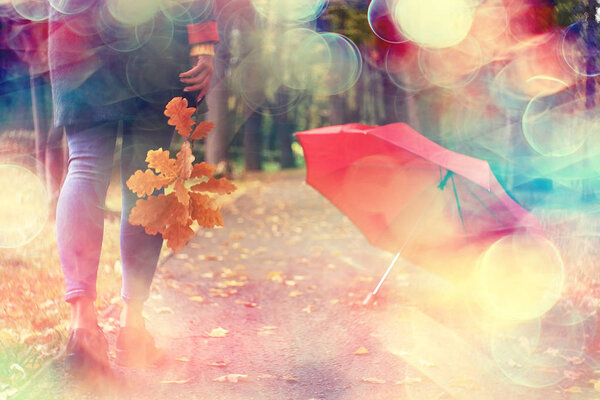 Leaf fall autumn / fallen yellow leaves in the hands of a single girl walking in the park, concept autumn melancholy mood