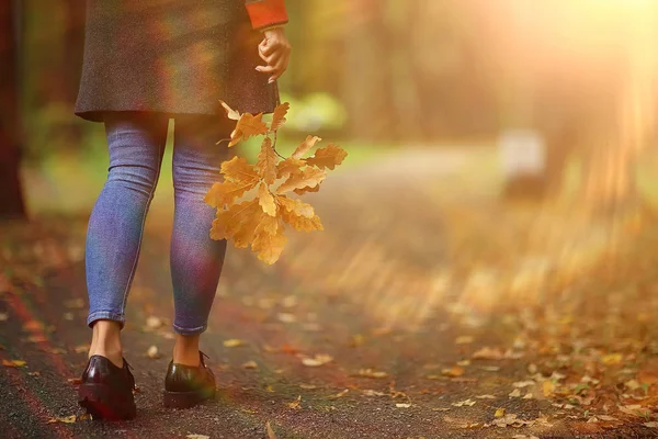 Листья Осенью Опавшие Желтые Листья Руках Одинокой Девушки Гуляющей Парке — стоковое фото