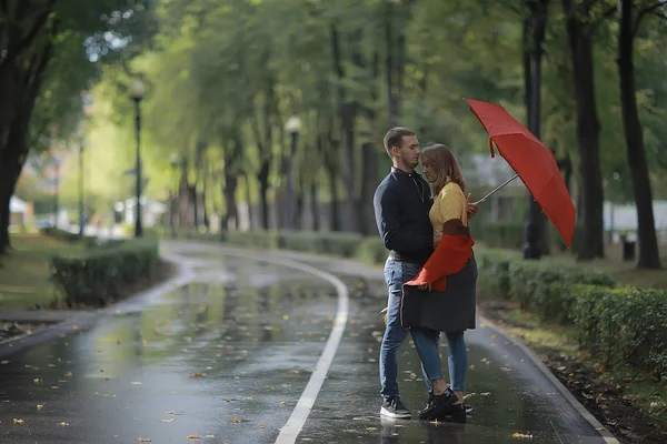 Két Ember Alatt Egy Esernyő Egy Férfi Egy Sétál Parkban — Stock Fotó