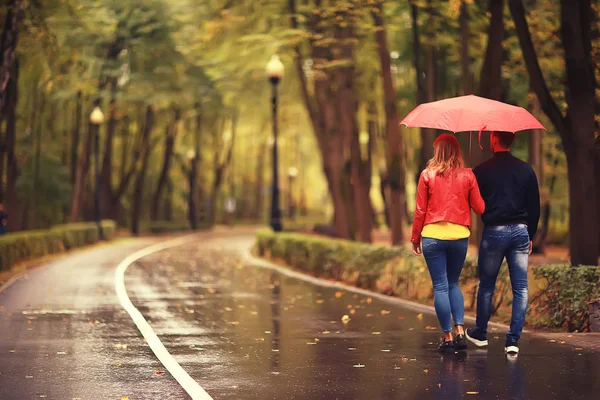 雨在秋天公园 年轻25岁夫妇在潮湿的雨天走在伞下 走十月恋人 — 图库照片