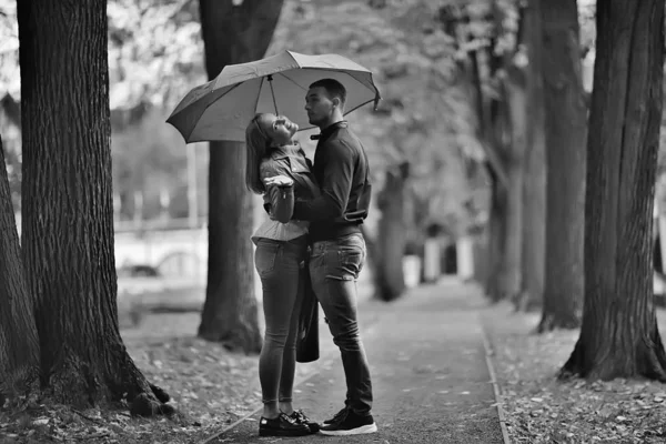 Paesaggio Autunnale Con Persone Nel Parco Gerfrend Fidanzato Abbraccio Nel — Foto Stock