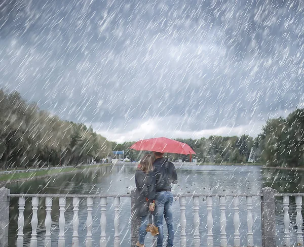 Дождь Осеннем Парке Молодые Лет Мужчина Женщина Ходят Зонтиком Дождливую — стоковое фото