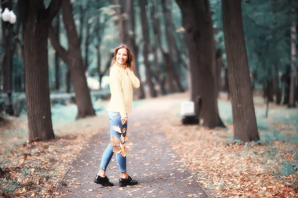 Vista Autunnale Una Ragazza Cammina Nel Parco Foglie Gialle Parco — Foto Stock