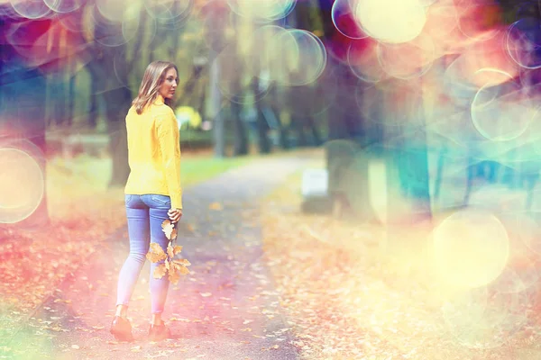 Vista Autunnale Una Ragazza Cammina Nel Parco Foglie Gialle Parco — Foto Stock