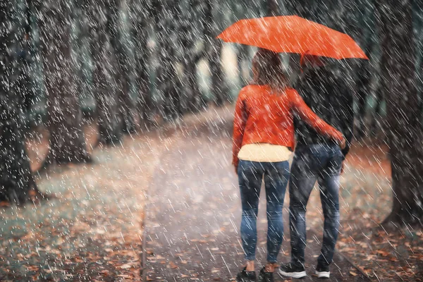 Sonbahar parkında yağmur/genç 25 yaşında çift adam ve kadın ıslak yağmurlu havalarda bir şemsiye altında yürümek, Ekim severler yürümek