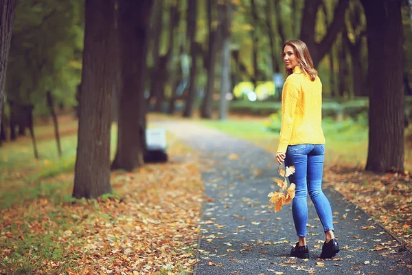 Vista Autunnale Una Ragazza Cammina Nel Parco Foglie Gialle Parco — Foto Stock