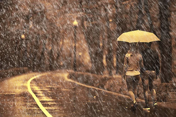 Regen Herfst Park Jonge Jaar Oud Paar Man Vrouw Lopen — Stockfoto