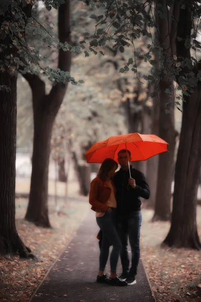 Lluvia Parque Otoño Joven Pareja Años Hombre Mujer Caminar Bajo —  Fotos de Stock