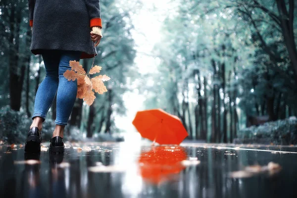 Autumn Landscape Park Girl Red Umbrella Concept Autumn Weather Raining — Stock Photo, Image