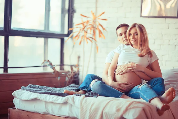 Big Belly Pregnancy Man Kisses Family Childbirth Concept Family Happiness — Stock Photo, Image