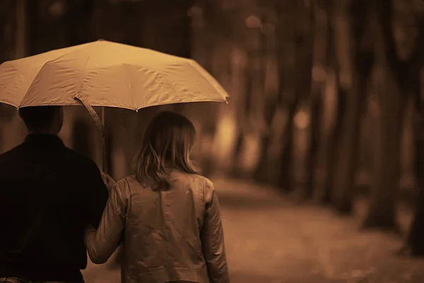 Two People Umbrella Man Woman Walking Park Umbrella Walking Fall — Stock Photo, Image